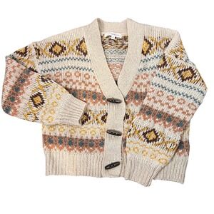Rewind Womens Fair Isle Vintage-Inspired Toggle Button Cardigan Neutral Small